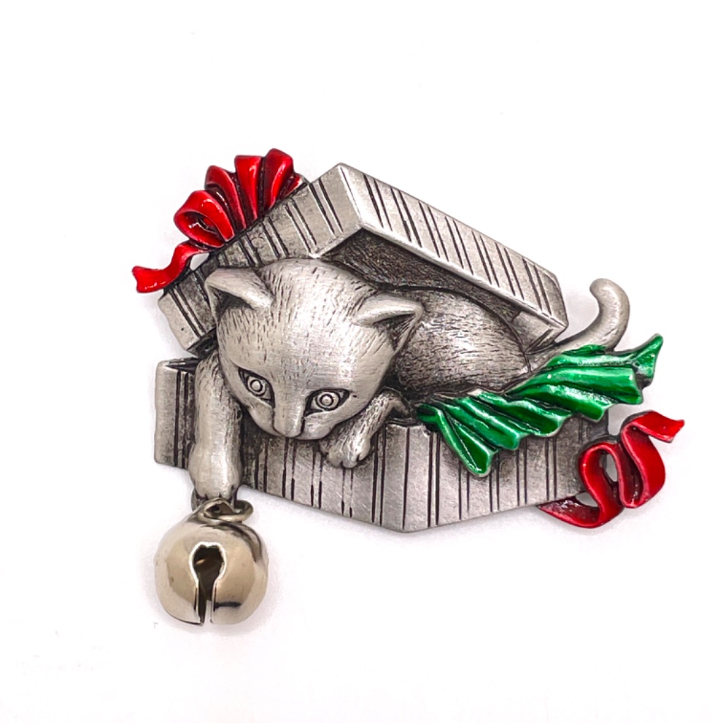 Jj Signed Vintage Pewter Kitty Christmas Present With Bell Pin Brooch 19$